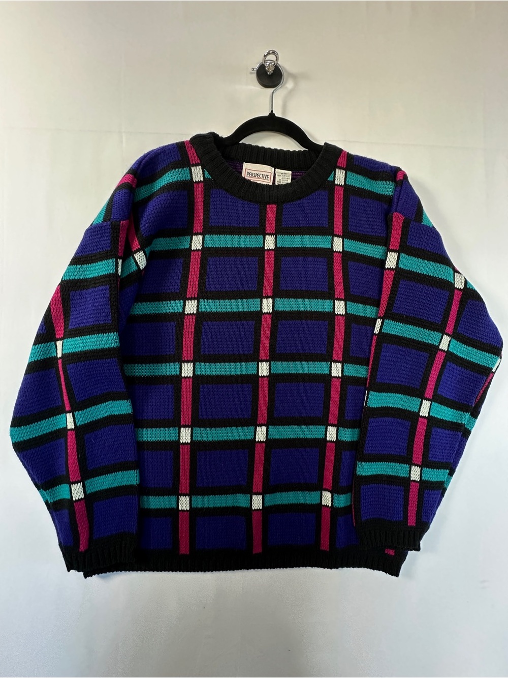 Vintage 90s Perspective Geometric Grid Grandpa Knit Sweater Unisex M